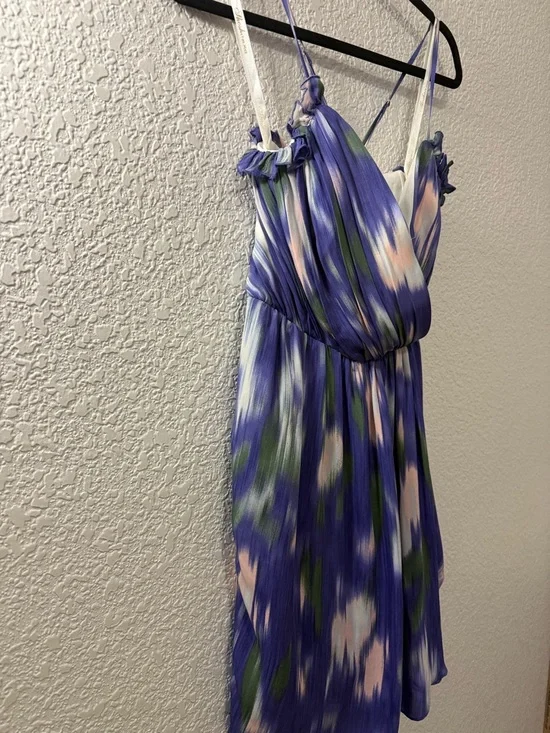 Purple Blue Abstract Print Dress | Flowy Fit & Flare Mini | 100% Silk | Size 8 - Picture 7 of 16